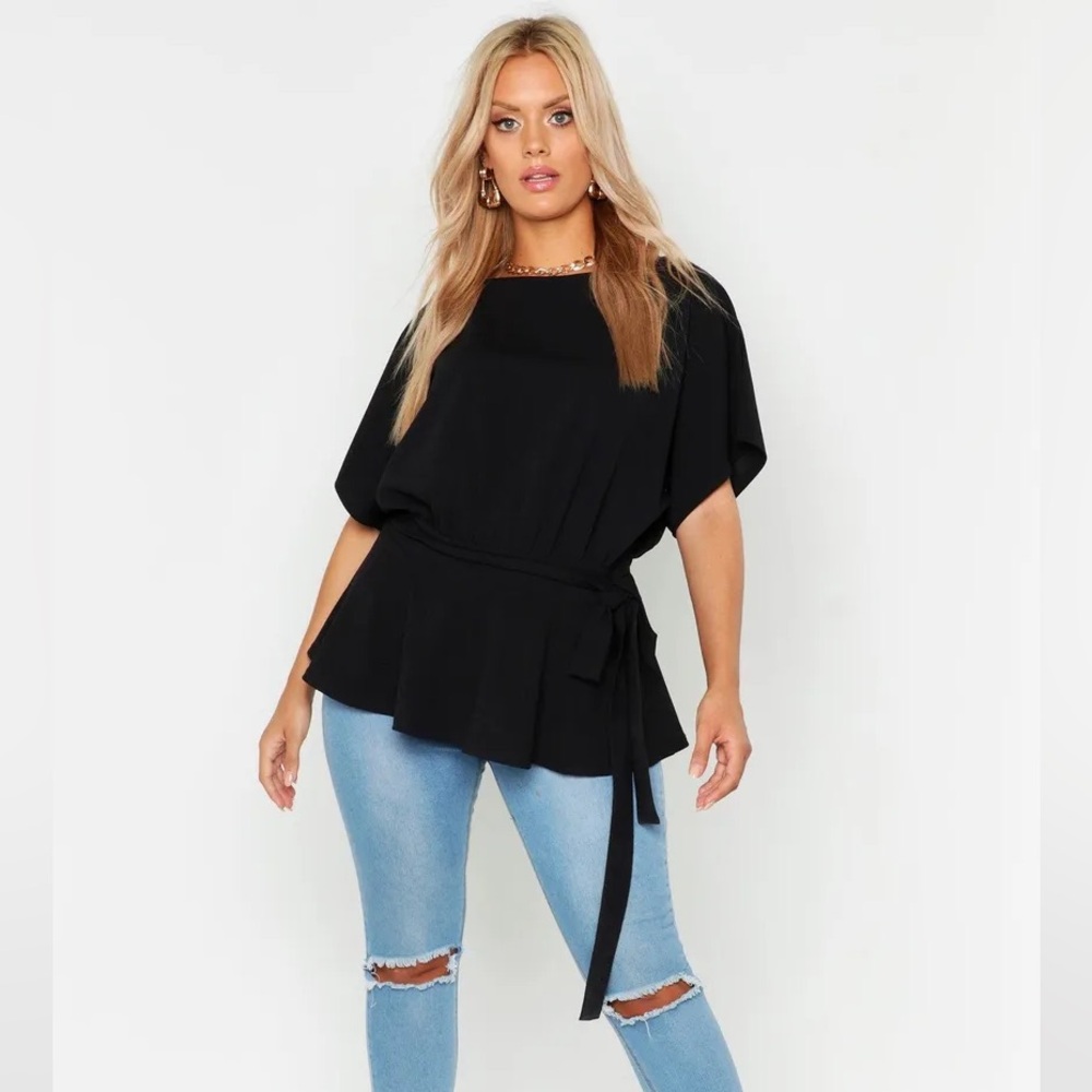 Boohoo Plus Slash Neck, Front Tie Waist Peplum Hem Top in Black